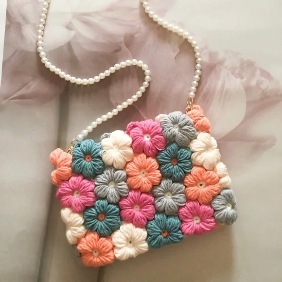 Crochet bag flower rainbow pink shoulder womens Pearl strap - Picture 4 of 6